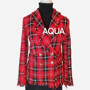Aqua Bloomingdale's Red Black Blazer Tweed Jacket Preppy Mod Punk Alt Frayed Y2K